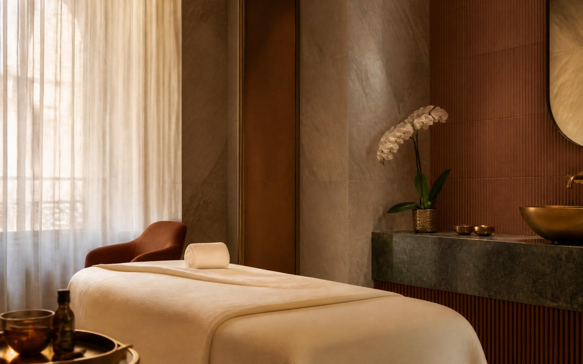 Sala trattamenti LÚMINA con luce naturale, pietra e lino ivory